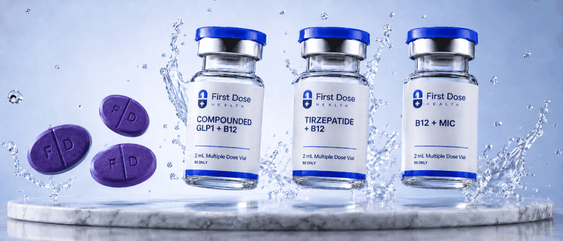 First Dose product lineup including GLP-1, tirzepatide, and B12 plus MIC